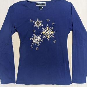 Karen Scott Women's Blue Snowflake Long Sleeve Top